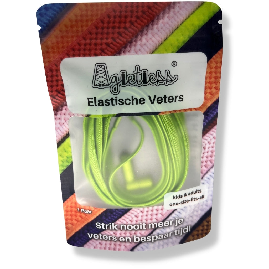 Lichtgroen platte elastische veters 6mm opgerold, voorkant verpakking: Agletless® Strikvrij & Stijlvol