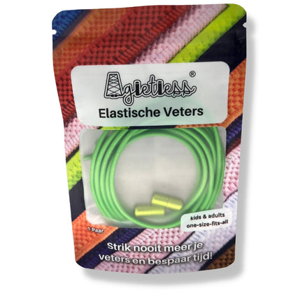 Gifgroene ronde elastische veters 3mm opgerold in verpakking, vooraanzicht: Agletless® Strikvrij & Stijlvol