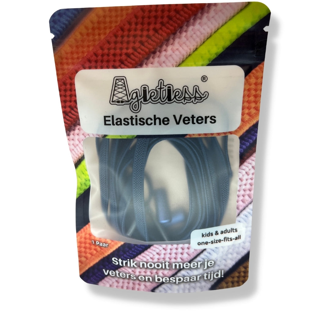 Marineblauw platte elastische veters 6mm opgerold, voorkant verpakking: Agletless® Strikvrij & Stijlvol