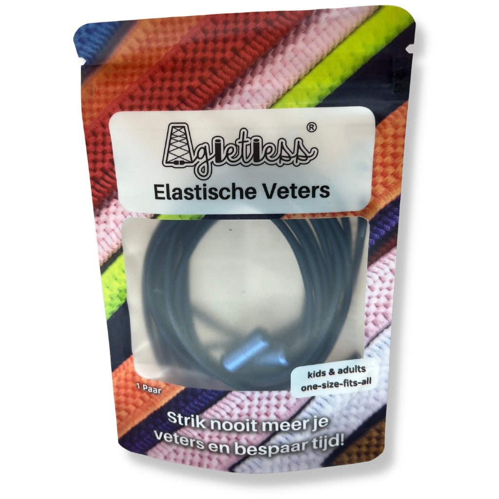 Marineblauwe ronde elastische veters 3mm opgerold in verpakking, vooraanzicht: Agletless® Strikvrij & Stijlvol