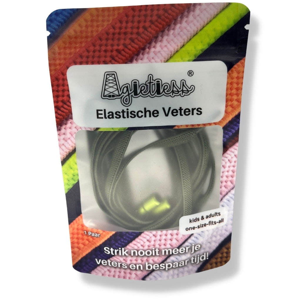 Mosgroen platte elastische veters 6mm opgerold, voorkant verpakking: Agletless® Strikvrij & Stijlvol