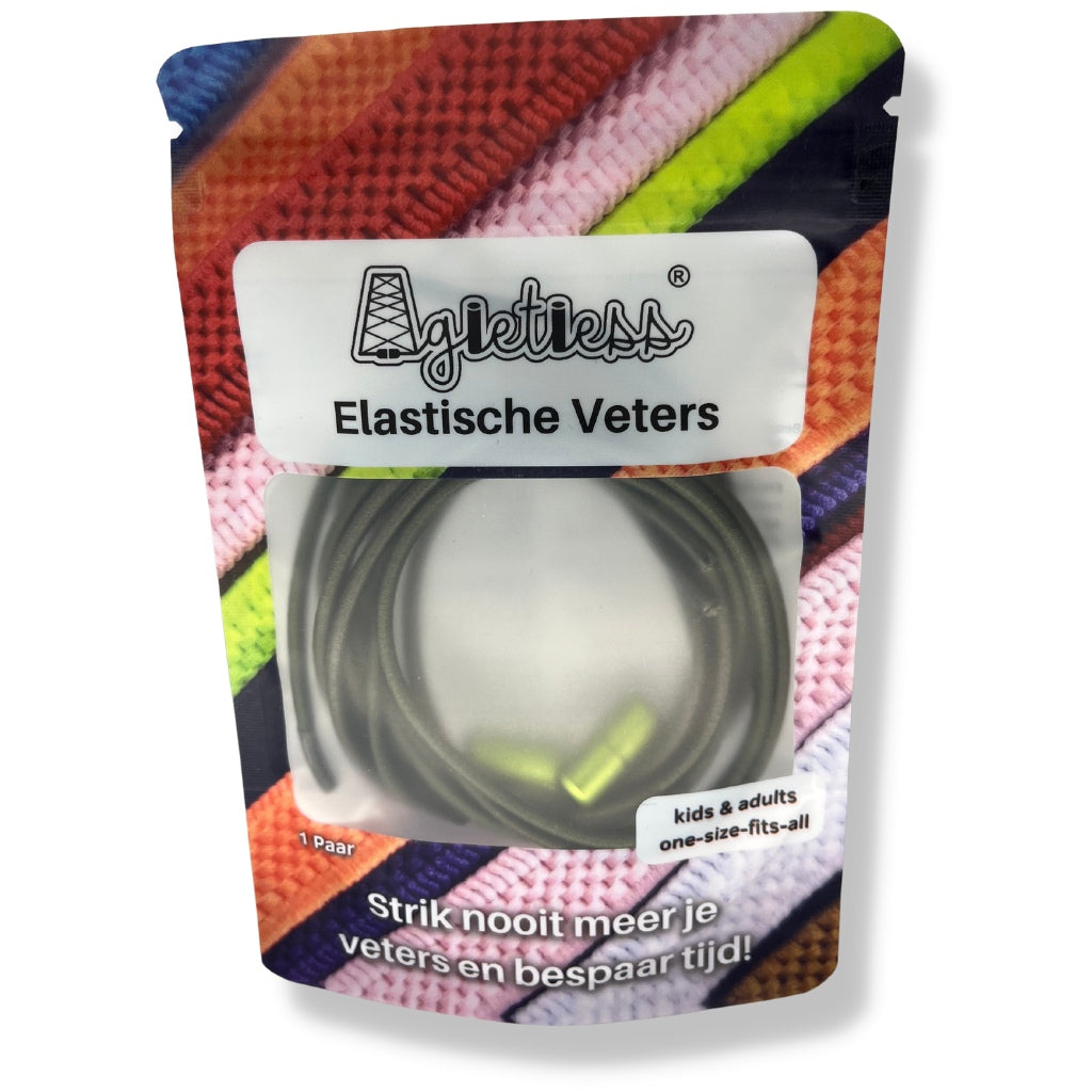 Mosgroene ronde elastische veters 3mm opgerold in verpakking, vooraanzicht: Agletless® Strikvrij & Stijlvol