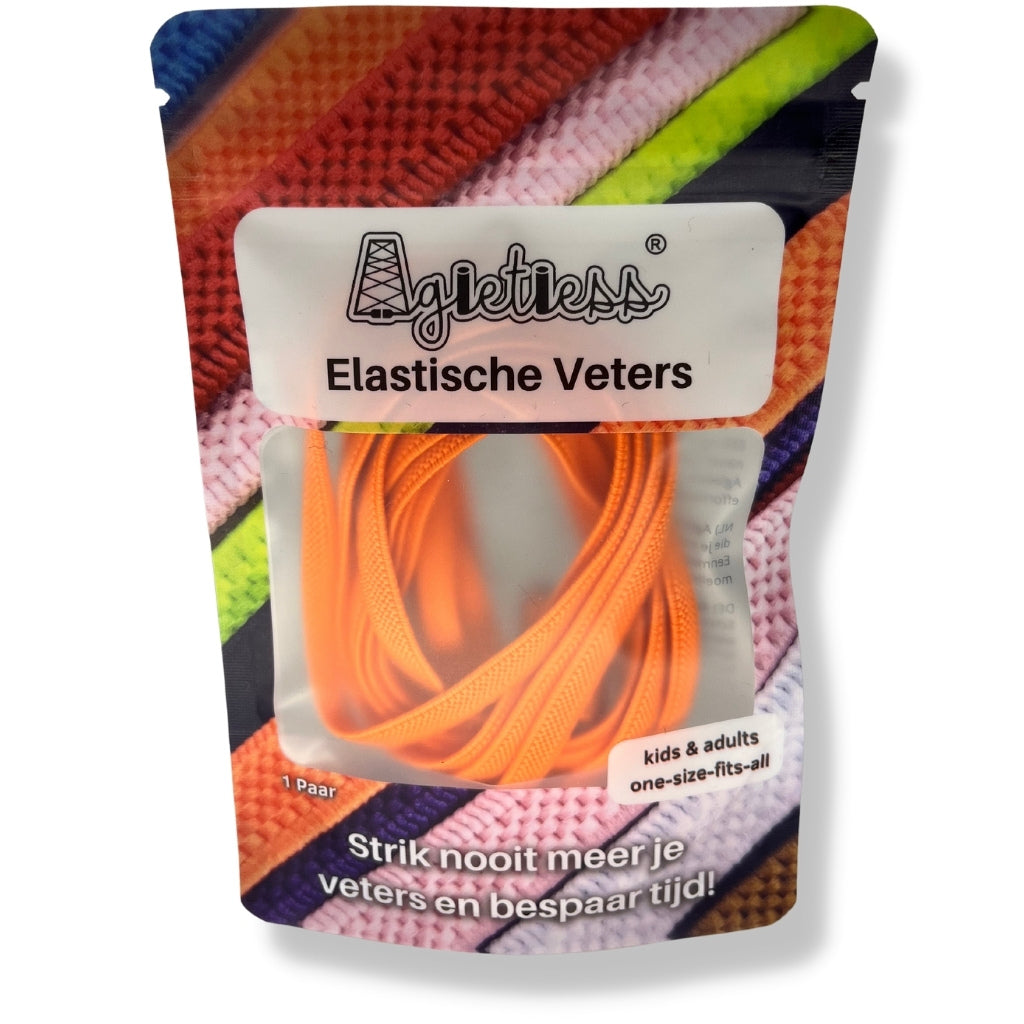 Oranje platte elastische veters 6mm opgerold, voorkant verpakking: Agletless® Strikvrij & Stijlvol