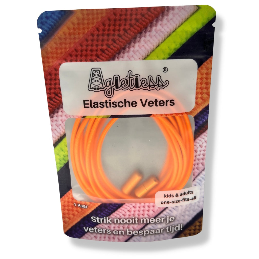 Oranje ronde elastische veters 3mm opgerold in verpakking, vooraanzicht: Agletless® Strikvrij & Stijlvol