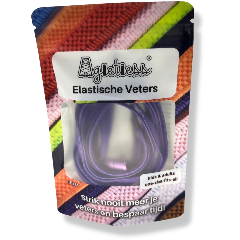 Paars platte elastische veters 6mm opgerold, voorkant verpakking: Agletless® Strikvrij & Stijlvol