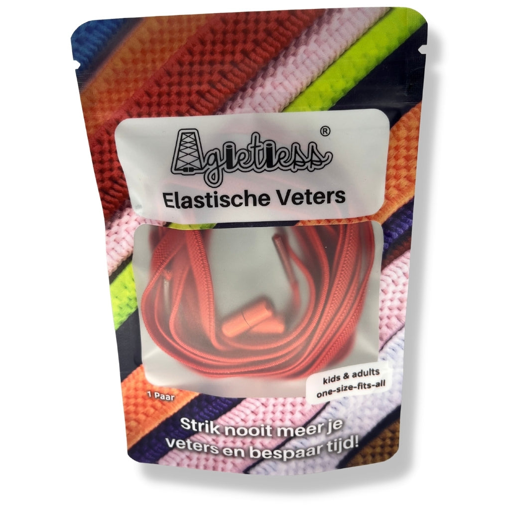 Rood platte elastische veters 6mm opgerold, voorkant verpakking: Agletless® Strikvrij & Stijlvol