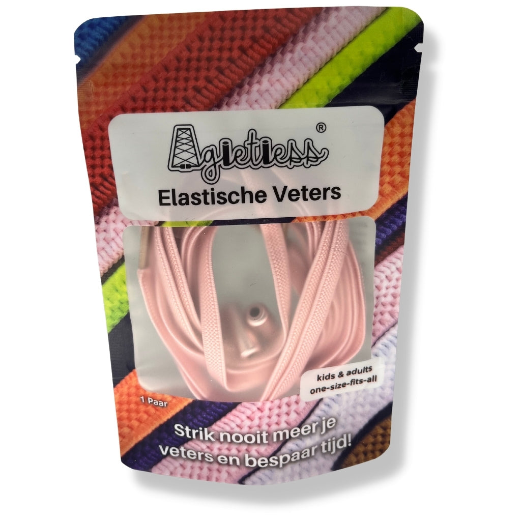 Roze platte elastische veters 6mm opgerold, voorkant verpakking: Agletless® Strikvrij & Stijlvol