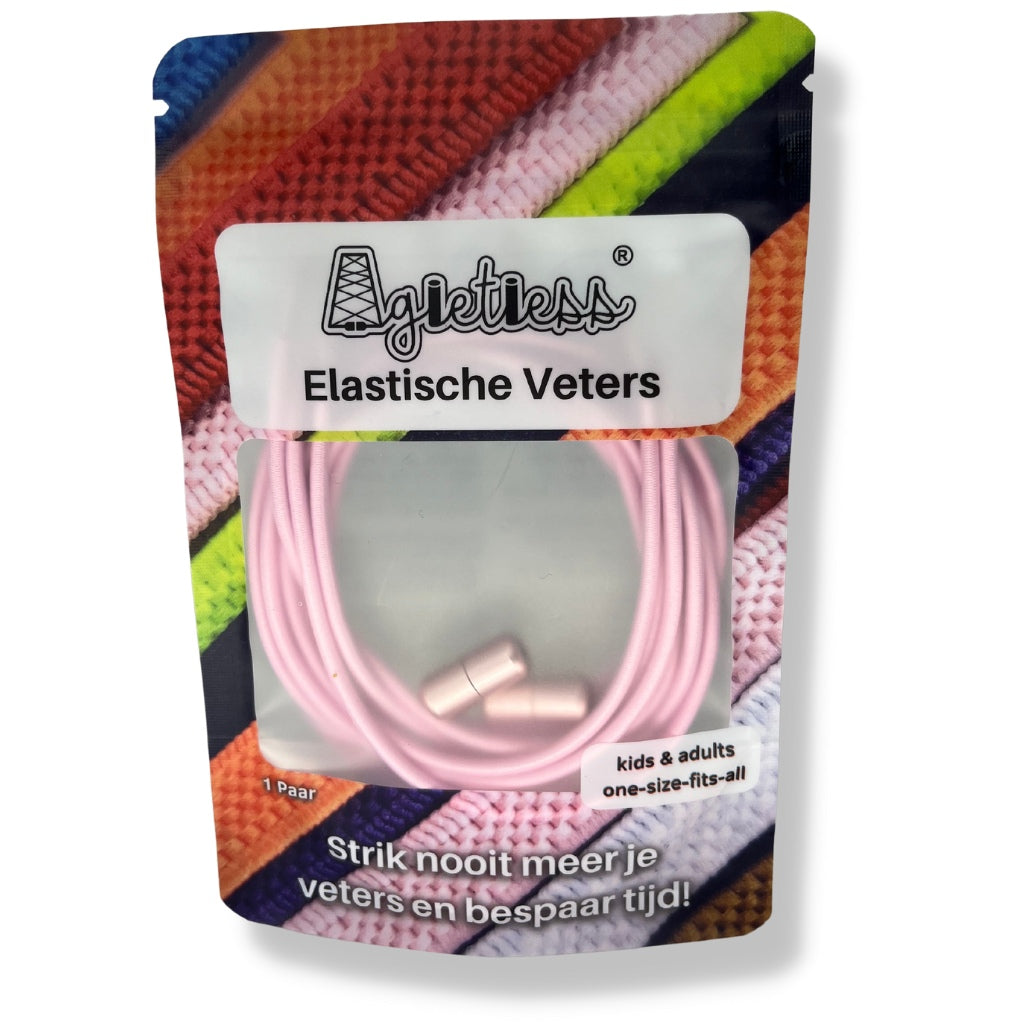 Roze ronde elastische veters 3mm opgerold in verpakking, vooraanzicht: Agletless® Strikvrij & Stijlvol