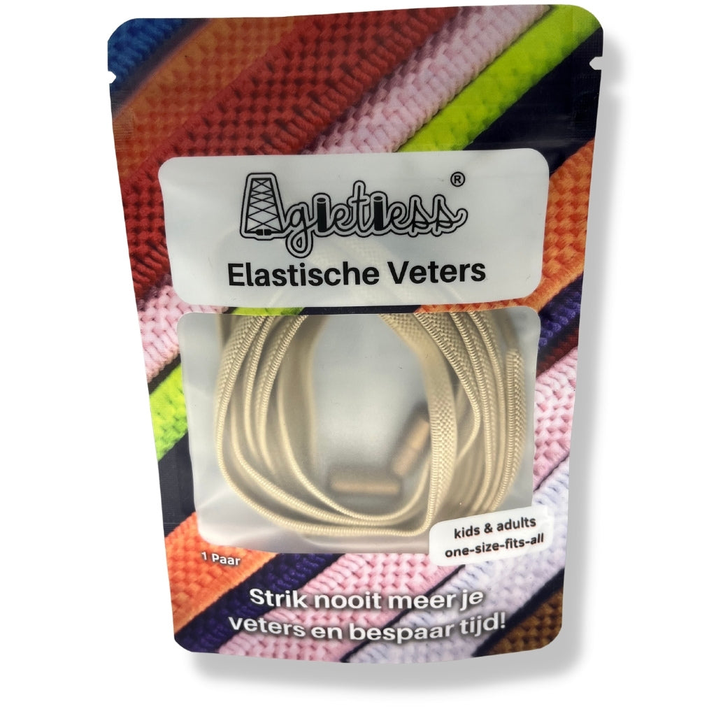 Taupe platte elastische veters 6mm opgerold, voorkant verpakking: Agletless® Strikvrij & Stijlvol