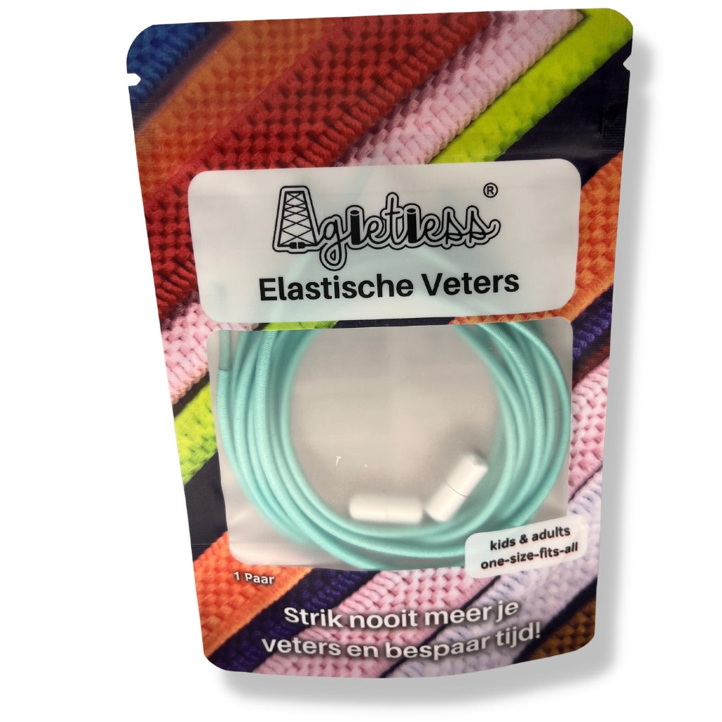 Turkooise ronde elastische veters 3mm opgerold in verpakking, vooraanzicht: Agletless® Strikvrij & Stijlvol