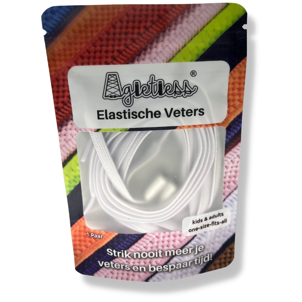 Wit platte elastische veters 6mm opgerold, voorkant verpakking: Agletless® Strikvrij & Stijlvol