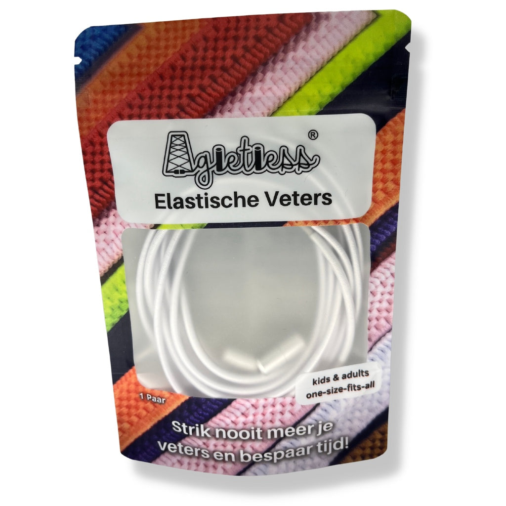 Witte ronde elastische veters 3mm opgerold in verpakking, vooraanzicht: Agletless® Strikvrij & Stijlvol