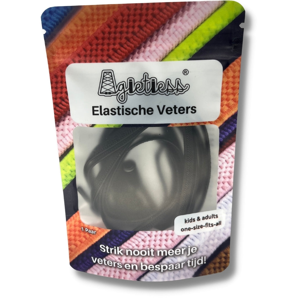 Zwart platte elastische veters 6mm opgerold, voorkant verpakking: Agletless® Strikvrij & Stijlvol