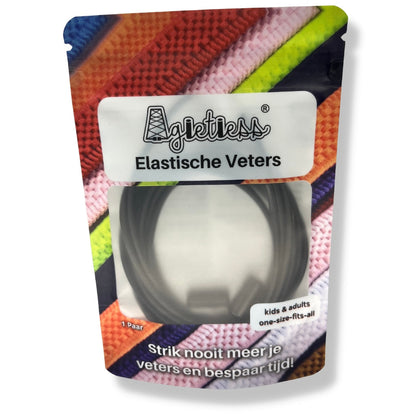 Zwarte ronde elastische veters 3mm opgerold in verpakking, vooraanzicht: Agletless® Strikvrij & Stijlvol